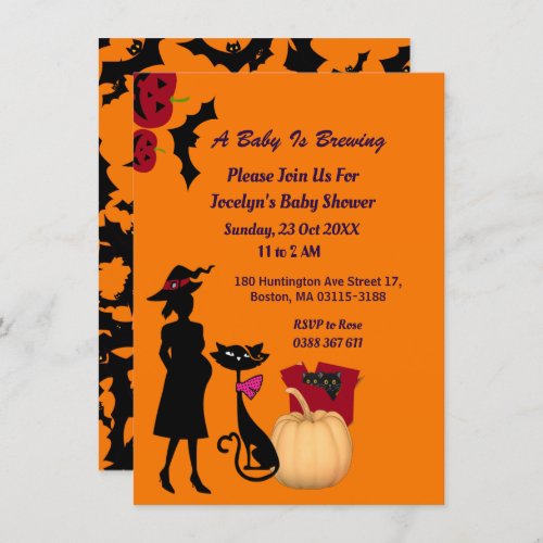 Cute Baby is Brewing Witch Pumpkin Cat Baby Shower Invitation