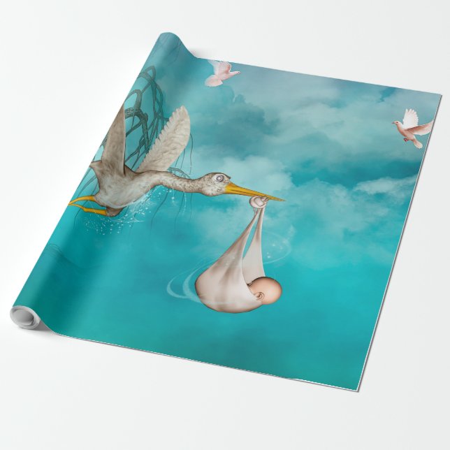 Cute baby is coming with stork wrapping paper (Unrolled)