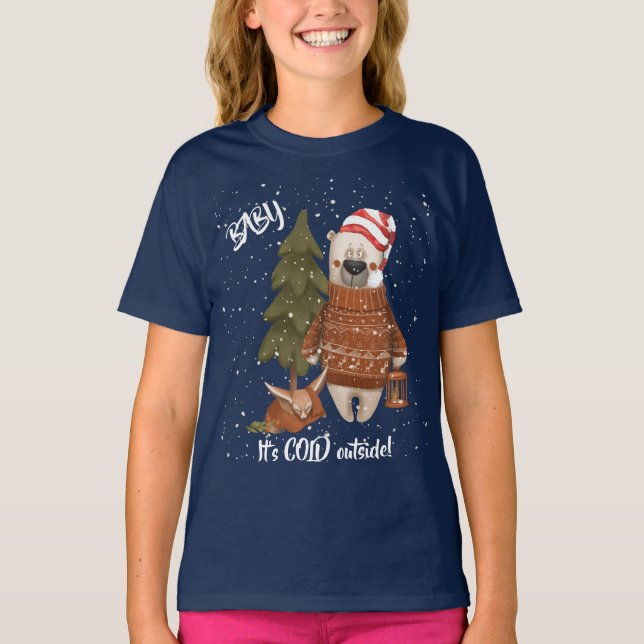 Cute Baby It's Cold Outside Bear and Fox T-Shirt (Front)