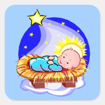 Cute Baby Jesus And Star Square Sticker by santasgrotto at Zazzle
