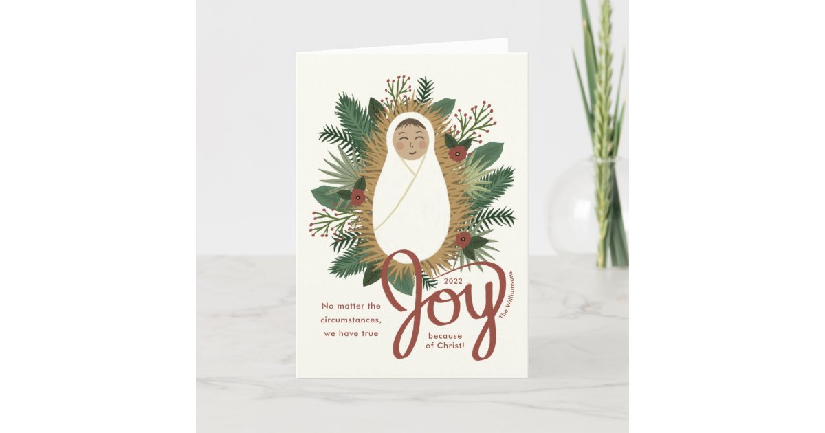 Cute Baby Jesus Script Joy Nativity Christmas Holiday Card | Zazzle