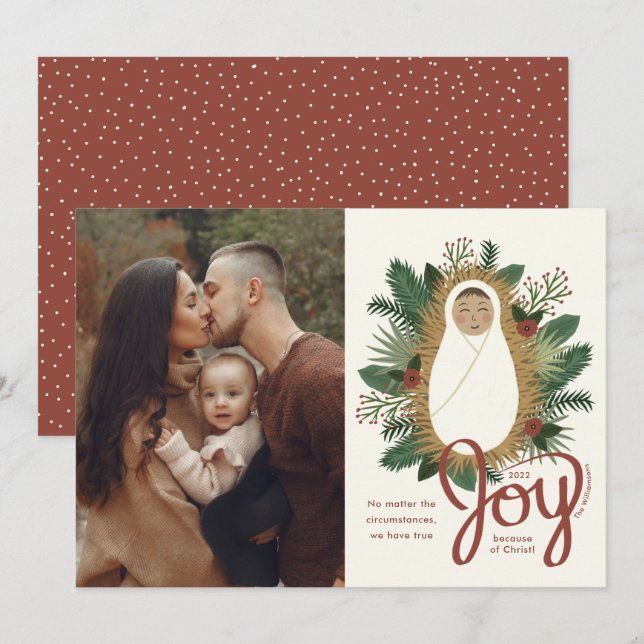 Cute Baby Jesus Script Joy Photo Christmas Holiday Card (Front/Back)