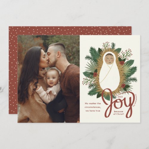 Cute Baby Jesus Script Joy Photo Christmas Holiday Card