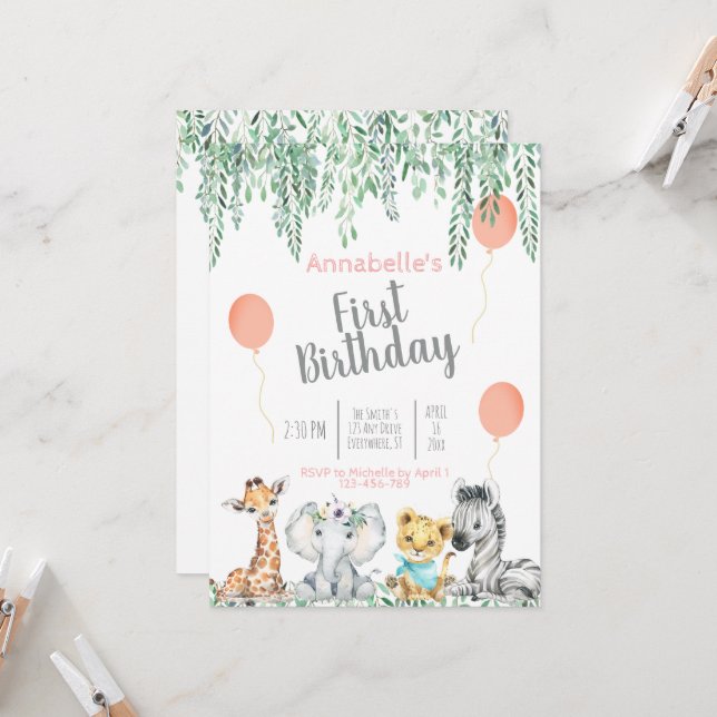 Cute Baby Jungle Animals Greenery First Birthday Invitation (Front/Back In Situ)
