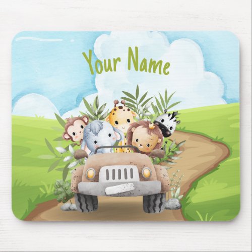 Cute Baby Jungle Animals Safari Truck Personalized Mouse Pad