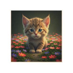 Cute Baby Kitten in Meadow Wood Photo Print Design