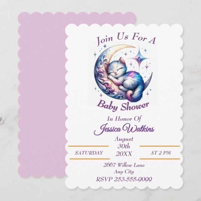 Cute Baby Kitten Sleeping on a Half Moon Invitation (Front/Back)