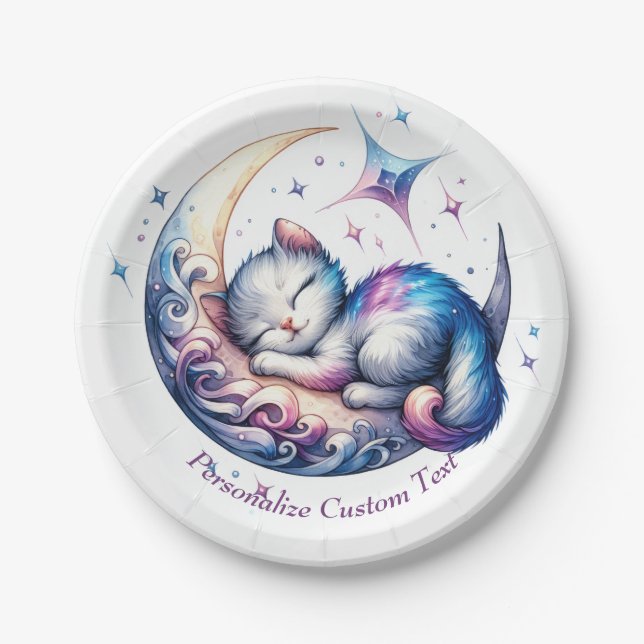 Cute Baby Kitten Sleeping on the Moon Paper Plates (Front)