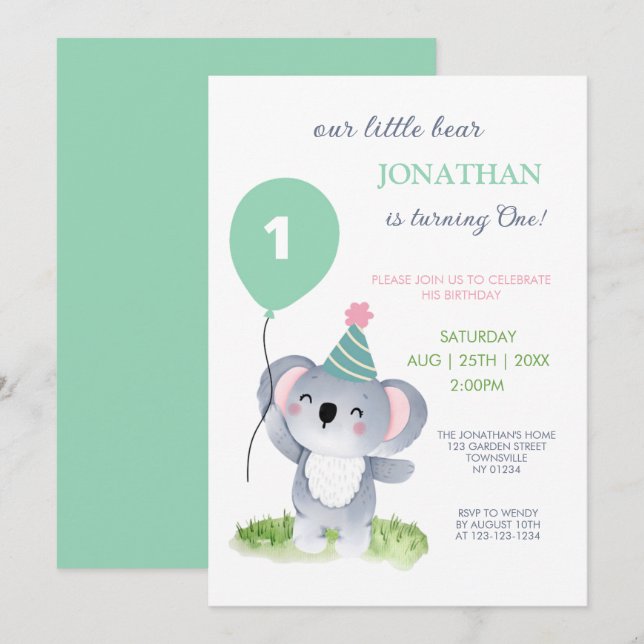 Cute Baby Koala Balloon Kids Birthday Invitation (Front/Back)