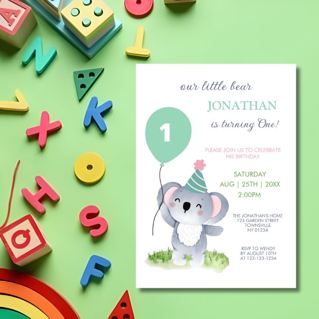 Cute Baby Koala Balloon Kids Birthday Invitation (Creator Uploaded)