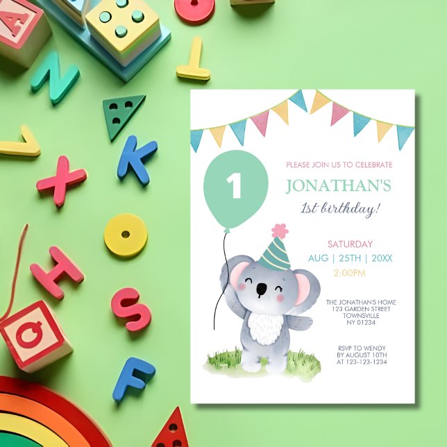 Cute Baby Koala Balloon Party Flag Birthday Invitation (Creator Uploaded)