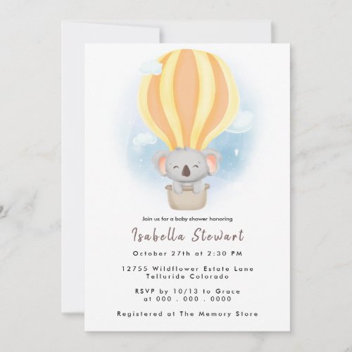 Cute Baby Koala Balloon Safari Baby Shower Invitation