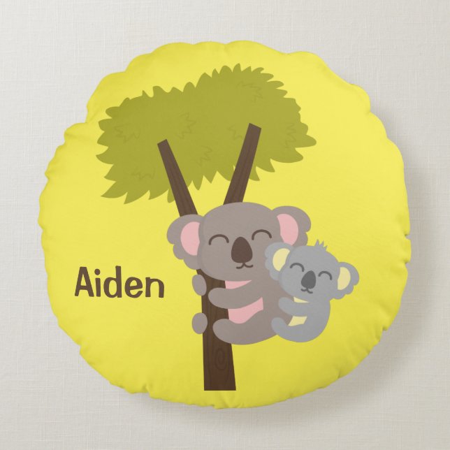 Cute Baby Koala Bear and Mommy Kids Room Decor Round Pillow (Front)