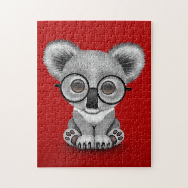 Cute Baby Koala Bear Cub Wearing Glasses on Red Jigsaw Puzzle (Vertical)