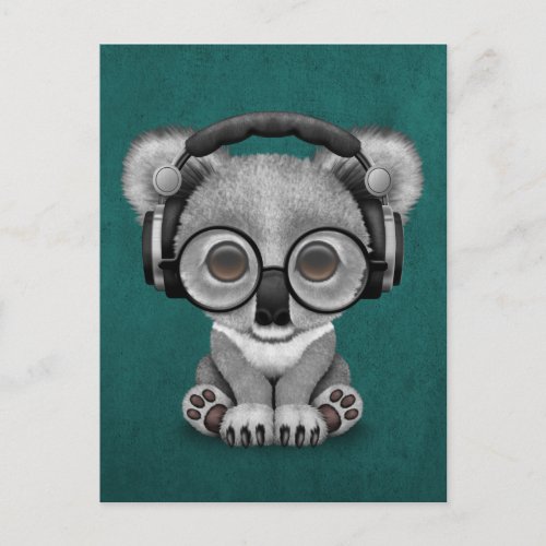 Cute Baby Koala Bear Dj Wearing Headphones on Blue Postcard