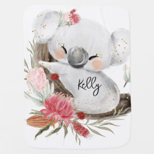 Cute Baby Koala Gold Speckle Custom Name Baby Blanket