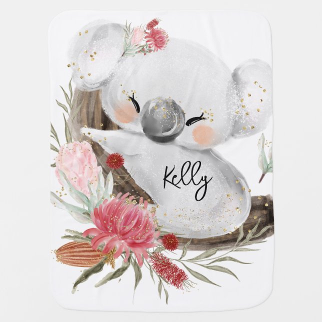 Cute Baby Koala Gold Speckle Custom Name     Baby Blanket (Front)