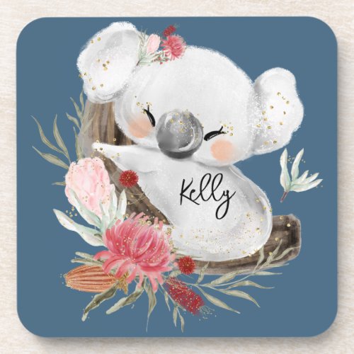 Cute Baby Koala Gold Speckle Custom Name           Beverage Coaster
