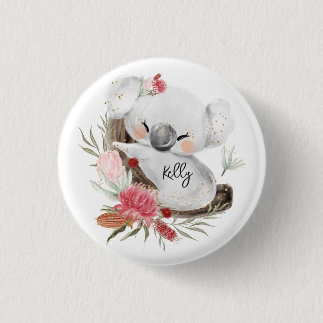 Cute Baby Koala Gold Speckle Custom Name     Button (Front)
