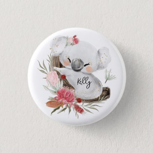 Cute Baby Koala Gold Speckle Custom Name     Button