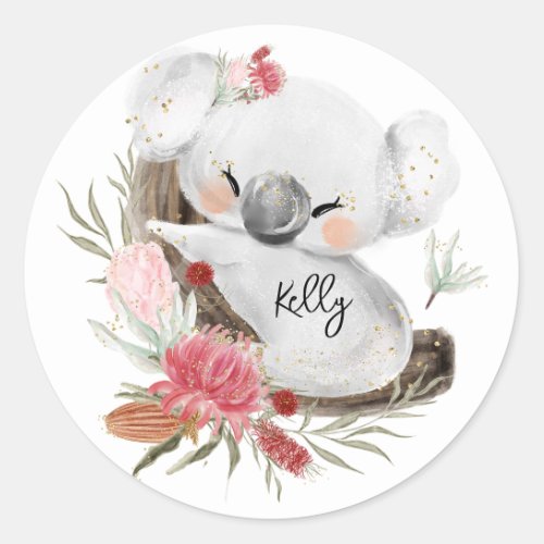 Cute Baby Koala Gold Speckle Custom Name    Classic Round Sticker