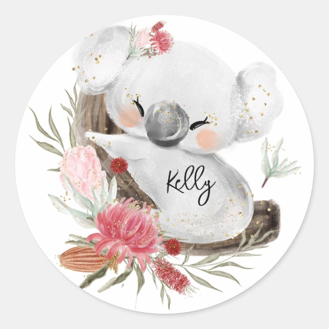 Cute Baby Koala Gold Speckle Custom Name    Classic Round Sticker (Front)