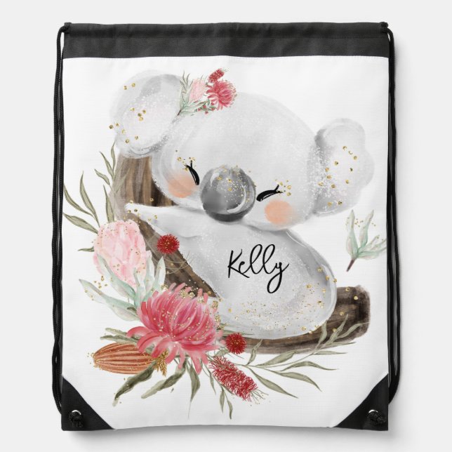 Cute Baby Koala Gold Speckle Custom Name      Drawstring Bag (Front)