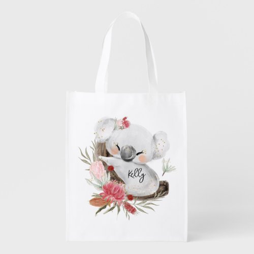 Cute Baby Koala Gold Speckle Custom Name      Grocery Bag