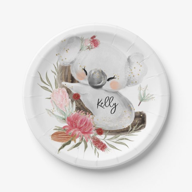 Cute Baby Koala Gold Speckle Custom Name     Paper Plates (Front)