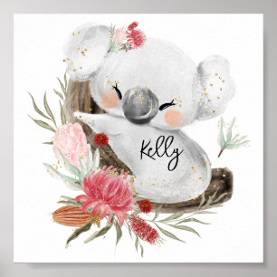 Cute Baby Koala Gold Speckle Custom Name Poster