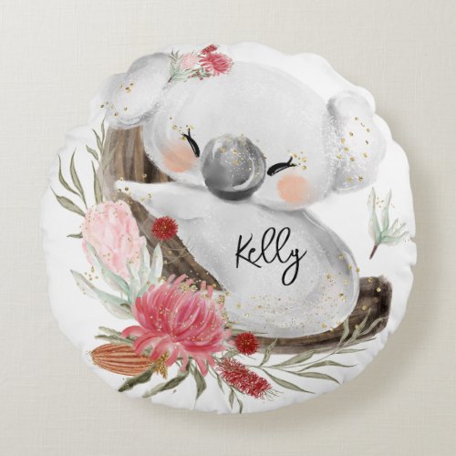 Cute Baby Koala Gold Speckle Custom Name  Round Pillow