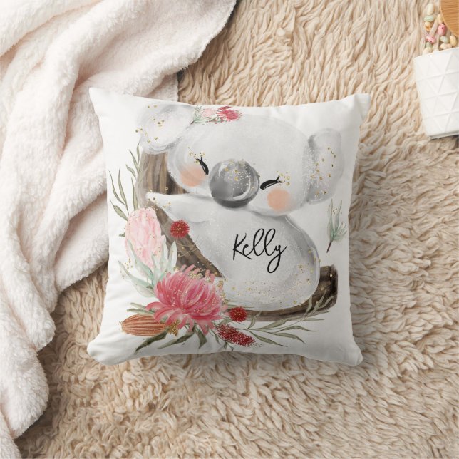 Cute Baby Koala Gold Speckle Custom Name Throw Pillow (Blanket)