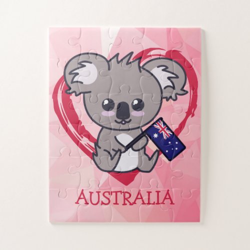 Cute baby koala holding Aussie flag  heart Jigsaw Puzzle