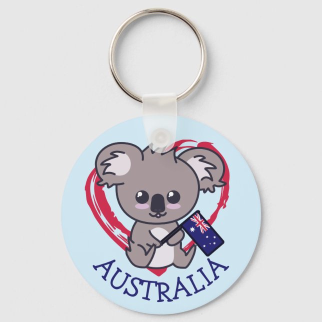 Cute baby koala holding Aussie flag & heart Keychain (Front)