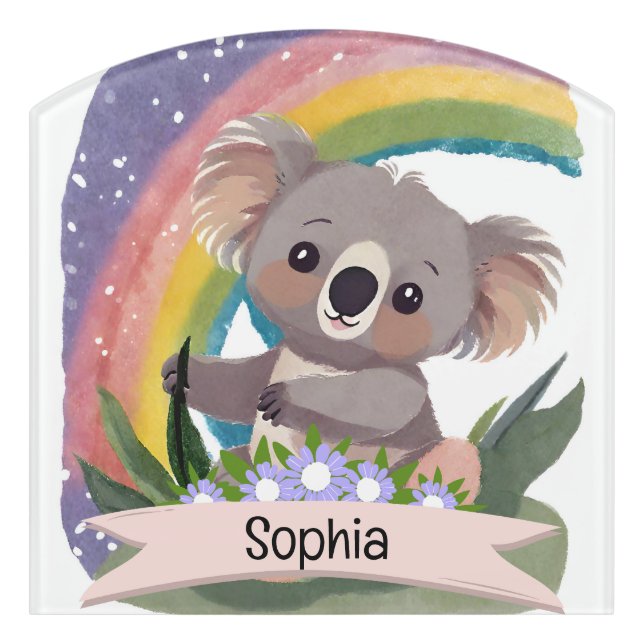 Cute Baby Koala Rainbow Custom Name Door Sign (Contour Front)