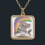 Cute Baby Koala Rainbow Custom Name Gold Plated Necklace<br><div class="desc">This delightful design features an adorable baby koala amidst a vibrant rainbow backdrop, creating a whimsical and heartwarming atmosphere. Perfect for nurseries, playrooms, or any space where you want to infuse a sense of wonder. The joyful and diverse color palette not only adds a burst of happiness but also symbolizes...</div>