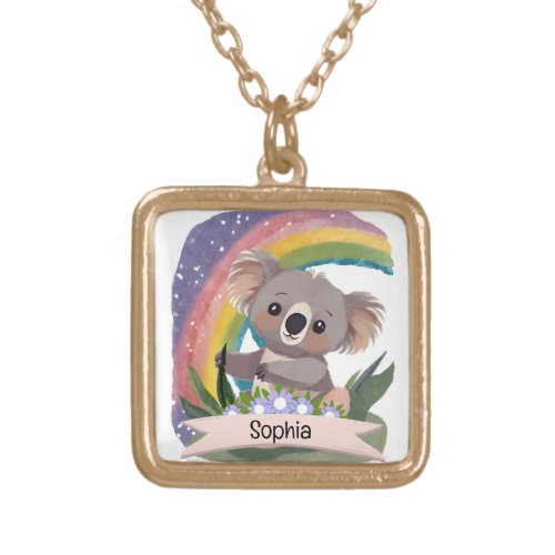 Cute Baby Koala Rainbow Custom Name Gold Plated Necklace