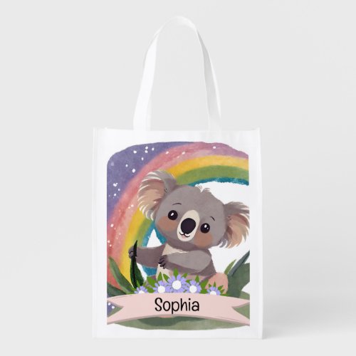 Cute Baby Koala Rainbow Custom Name Grocery Bag