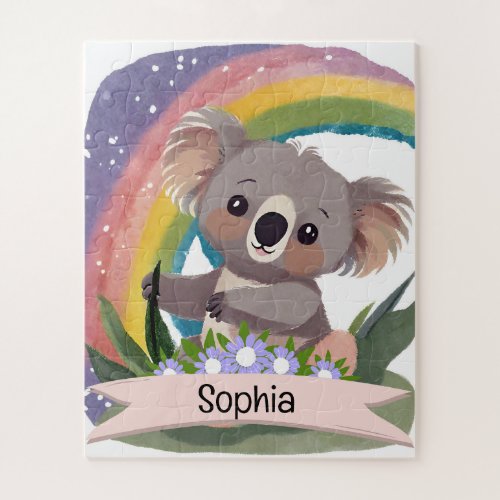 Cute Baby Koala Rainbow Custom Name Jigsaw Puzzle