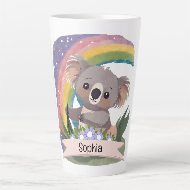 Cute Baby Koala Rainbow Custom Name Latte Mug (Front)