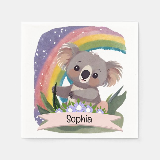 Cute Baby Koala Rainbow Custom Name Napkins (Front)
