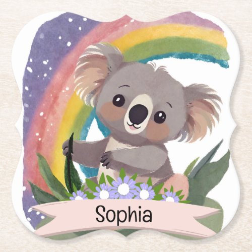 Cute Baby Koala Rainbow Custom Name Paper Coaster