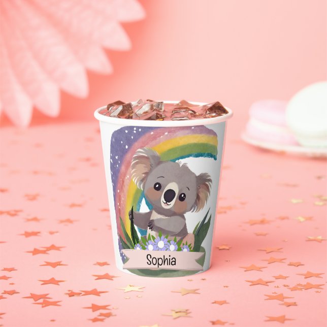 Cute Baby Koala Rainbow Custom Name Paper Cups (Insitu)
