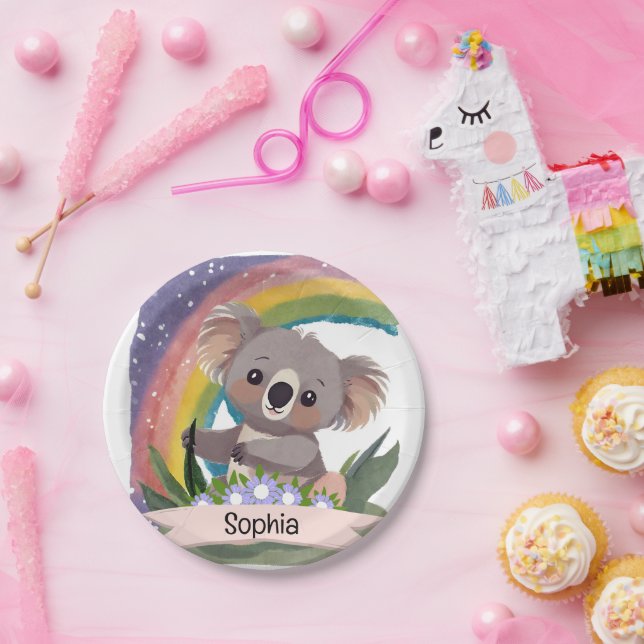 Cute Baby Koala Rainbow Custom Name Paper Plates (Party)