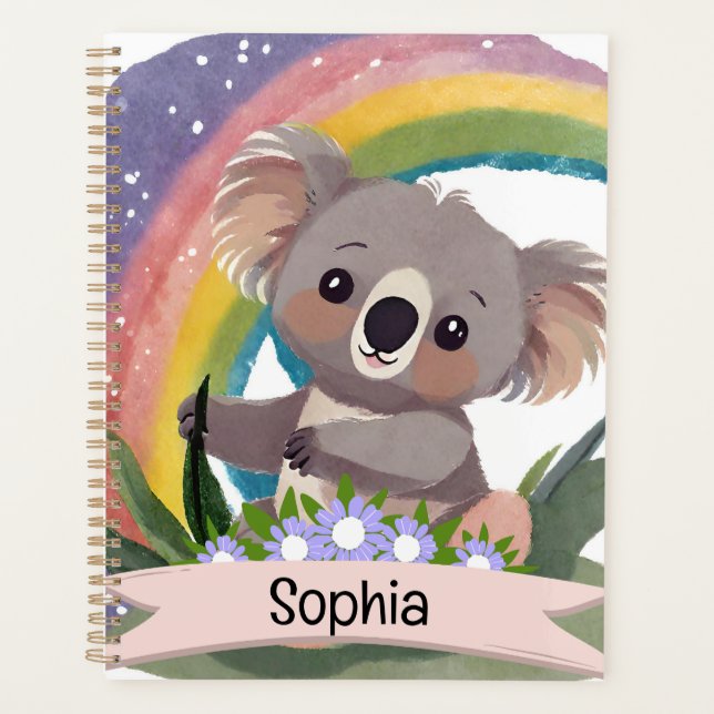 Cute Baby Koala Rainbow Custom Name Planner (Front)