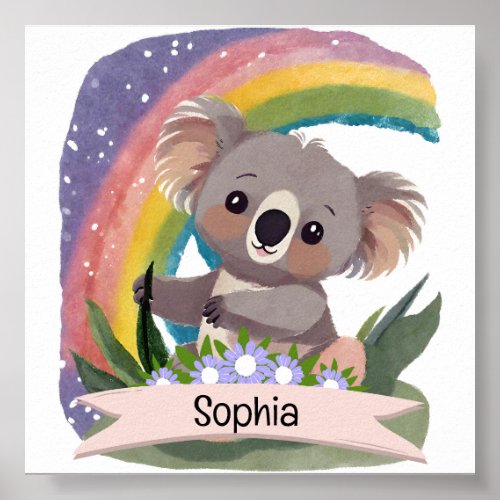 Cute Baby Koala Rainbow Custom Name Poster