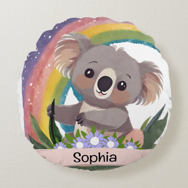 Cute Baby Koala Rainbow Custom Name Round Pillow (Front)
