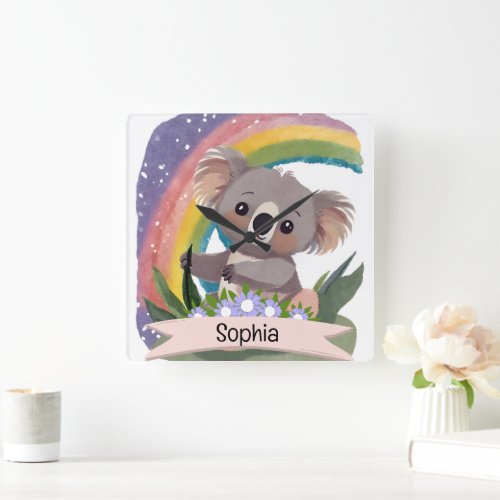 Cute Baby Koala Rainbow Custom Name Square Wall Clock