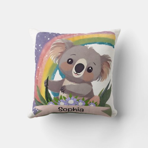 Cute Baby Koala Rainbow Custom Name Throw Pillow
