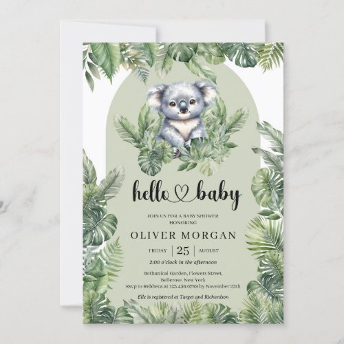Cute baby koala Watercolor tropical greenery  Invitation